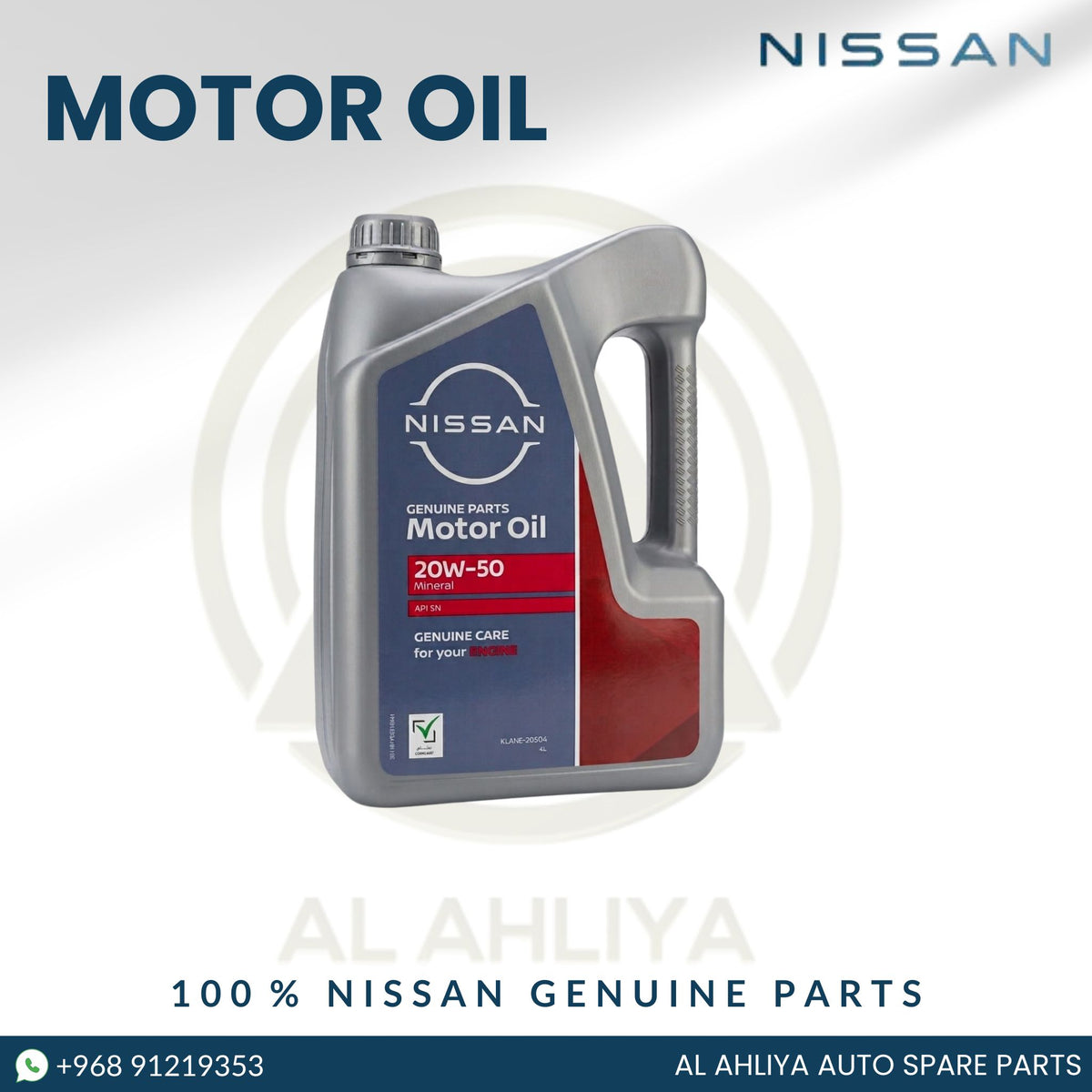 20W50 Nissan Genuine Engine Oil 4Ltr Mineral - API SN